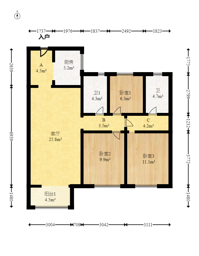 万科魅力之城  3室2厅2卫   109.00万室内图1