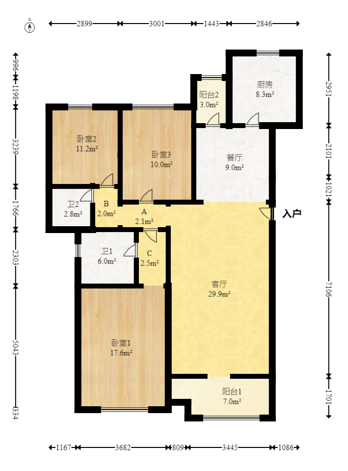 福乐康城  3室2厅2卫   118.00万室内图1