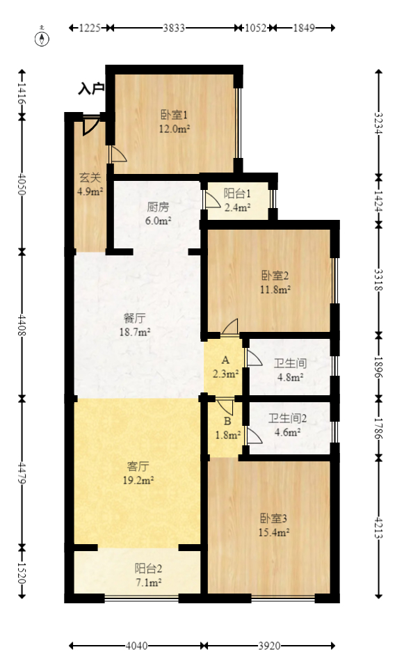 润和又一城  3室2厅2卫   70.00万室内图1