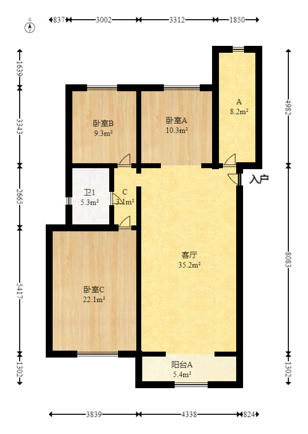 绿地之窗  3室2厅2卫   110.00万室内图1