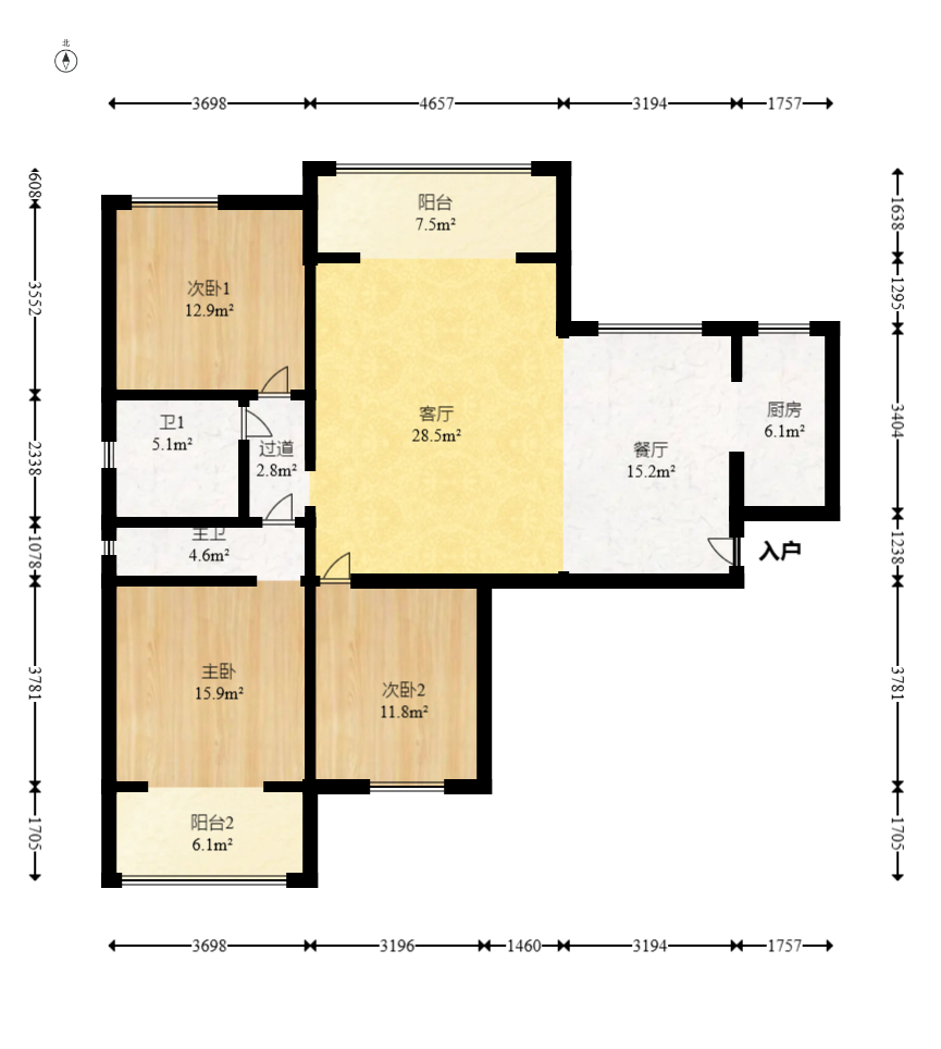 北辰三角洲C3区  3室2厅2卫    188.0万室内图1