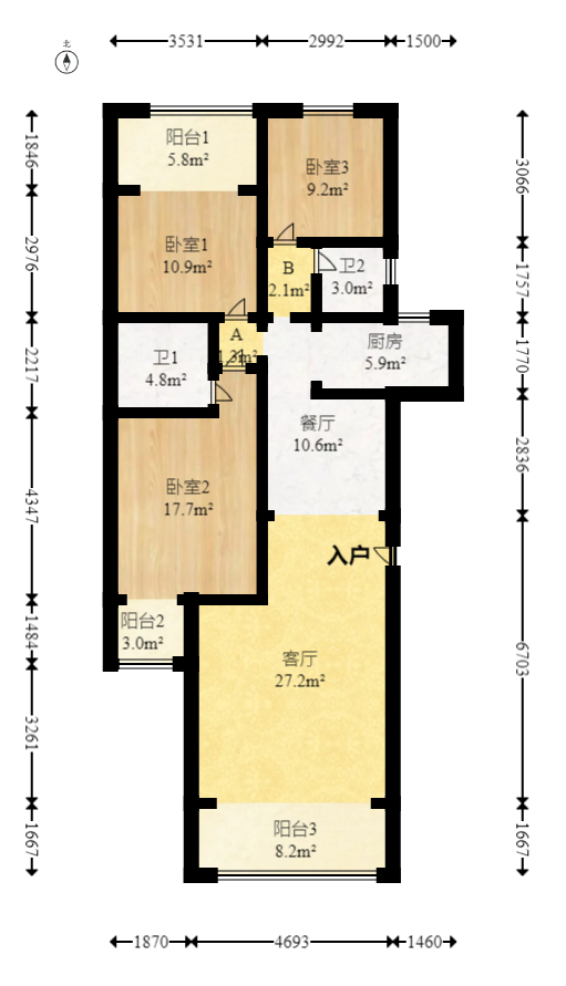 都市春天  1室2厅2卫   140.00万室内图1