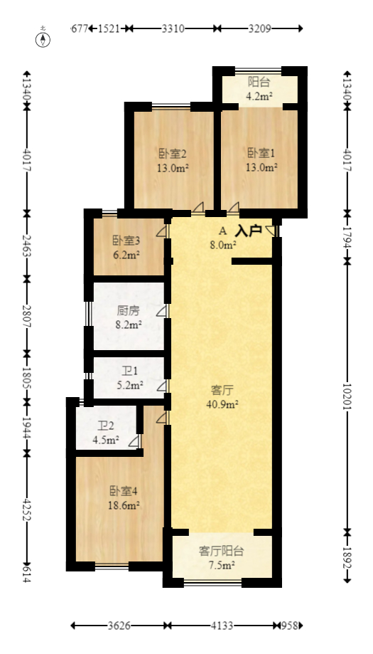 中海珑悦府  4室2厅2卫   140.00万室内图1