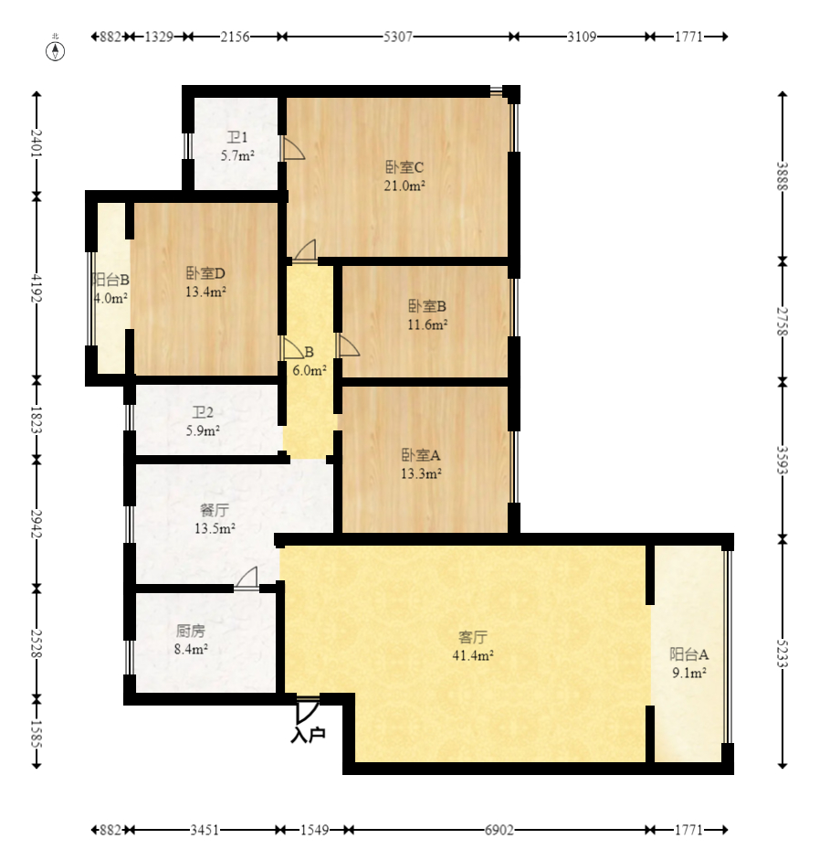 新星小区  4室2厅2卫   160.00万室内图1