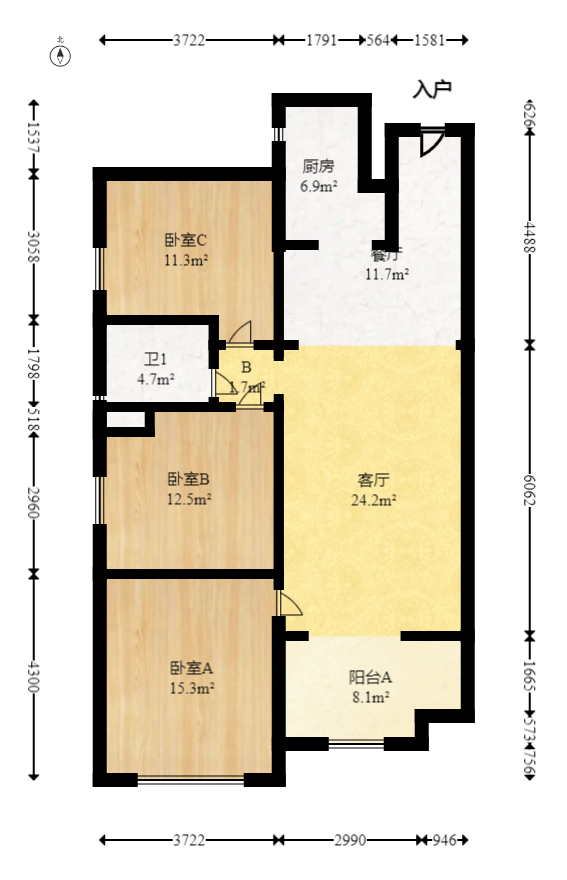 万科魅力之城非凡里  3室2厅1卫   110.00万室内图1