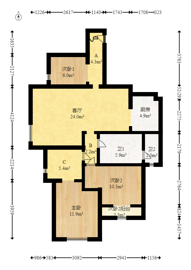 泊林晶城  3室2厅1卫   69.00万室内图1