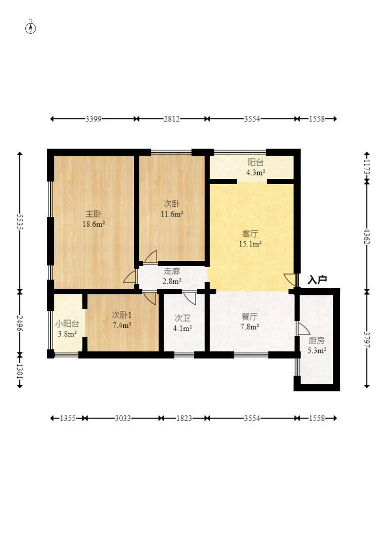 龙华区工商银行宿舍  3室2厅2卫    115.0万室内图1