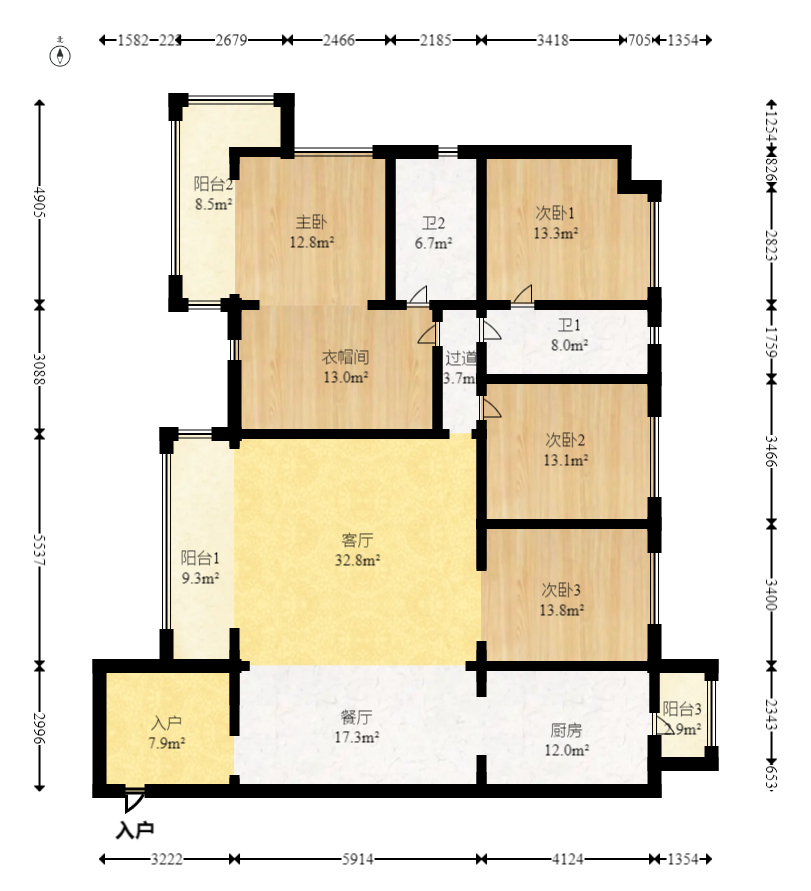 北辰瀚江府  4室2厅2卫   598.00万室内图1