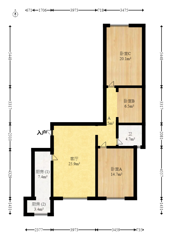 望兴景园二期（望兴西西里）  3室2厅1卫   68.00万室内图1