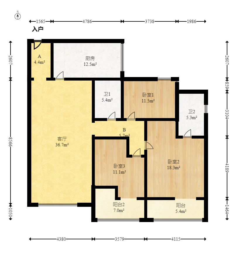 新城新世界一二三期  3室2厅2卫   160.00万室内图1