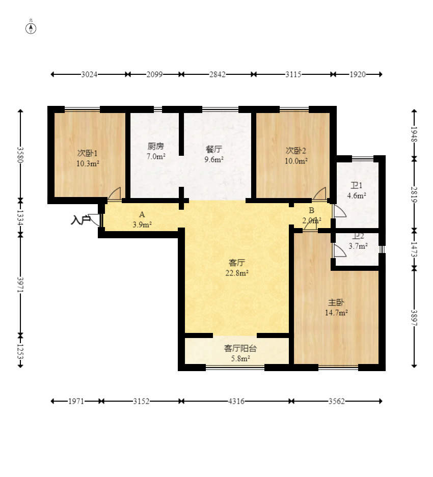 奥凯花园  3室2厅2卫   87.80万室内图1