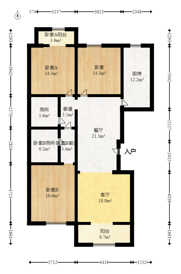 阳光100三期  3室2厅2卫   135.00万室内图1