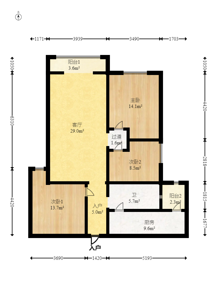 北辰三角洲E4区  3室2厅1卫   160.00万室内图1