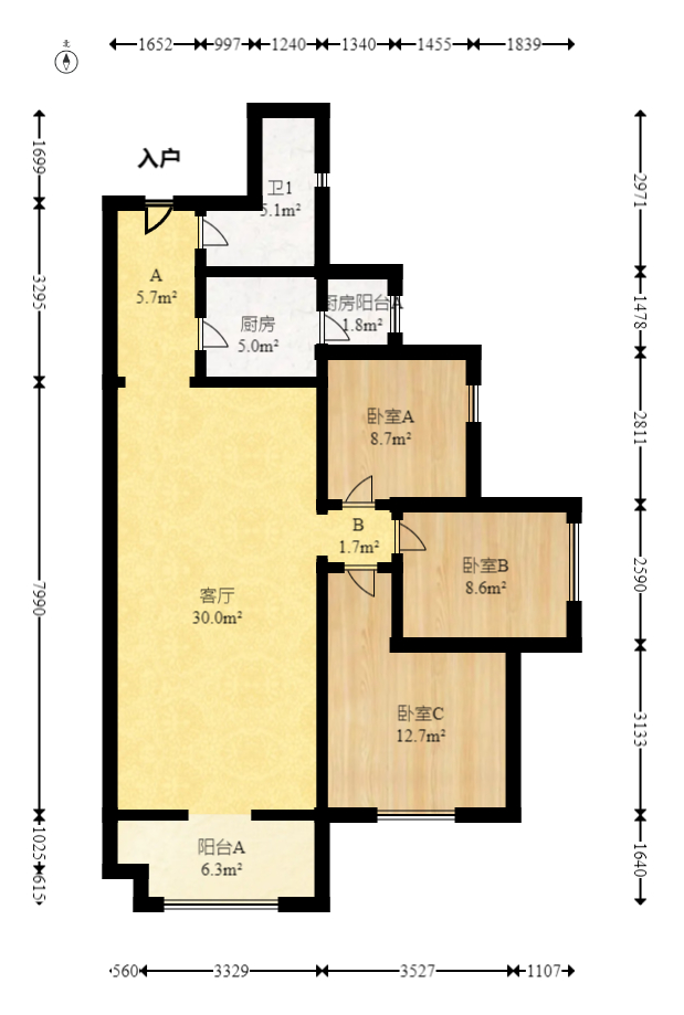 五江天街南区  3室2厅1卫    93.8万室内图1