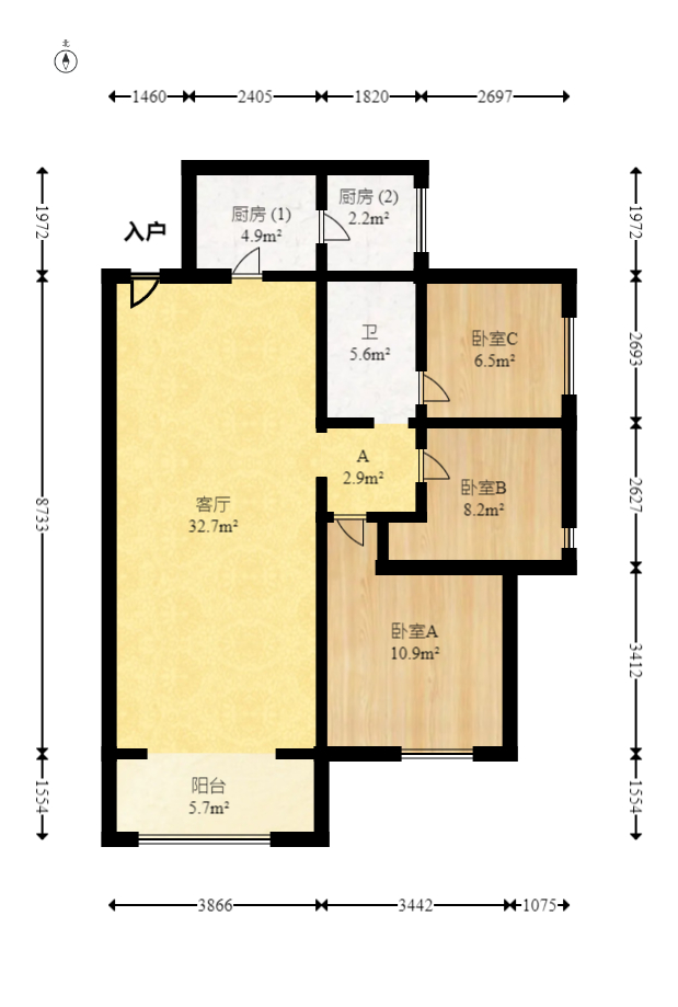 中建梅溪湖中心  3室2厅1卫   122.00万室内图1