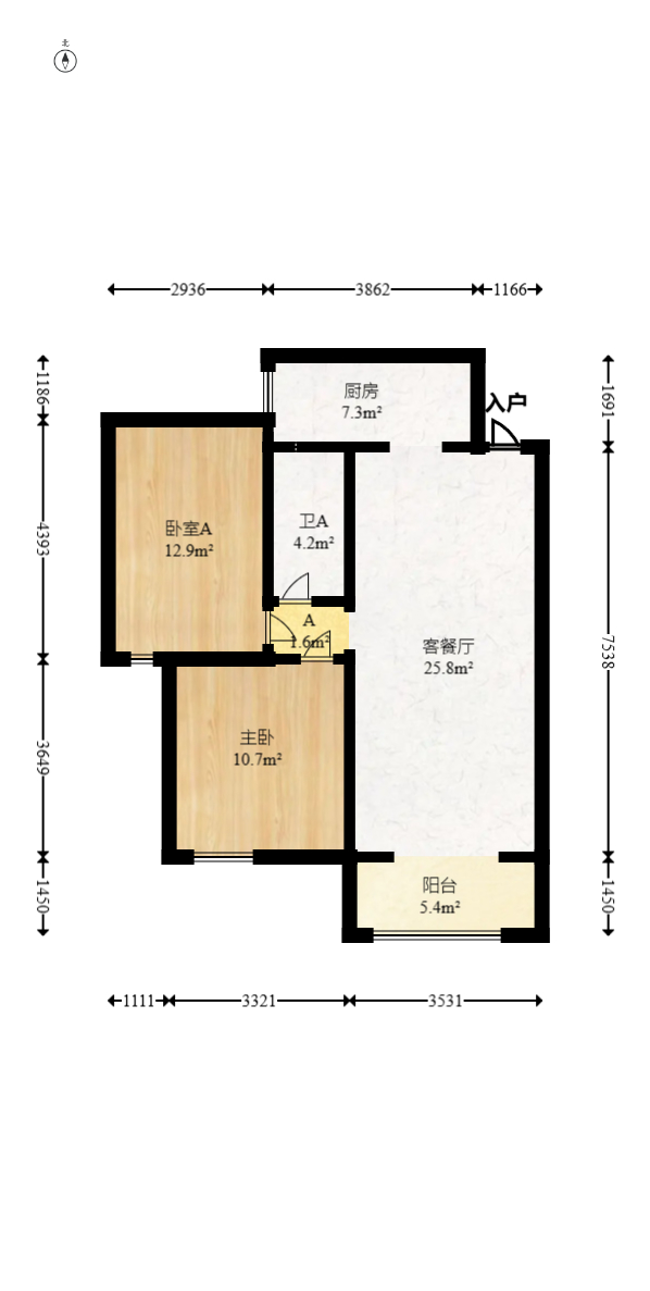 奥克斯广场  1室2厅1卫   105.00万室内图1