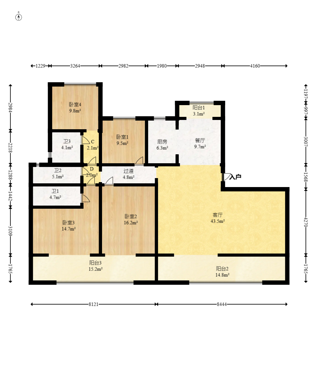 越秀湘江星汇城一期  5室2厅3卫    195.0万室内图1