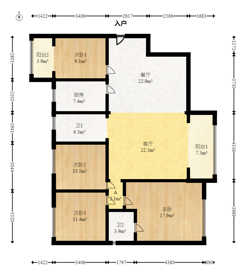 北辰三角洲E7区  4室2厅2卫   280.00万室内图1