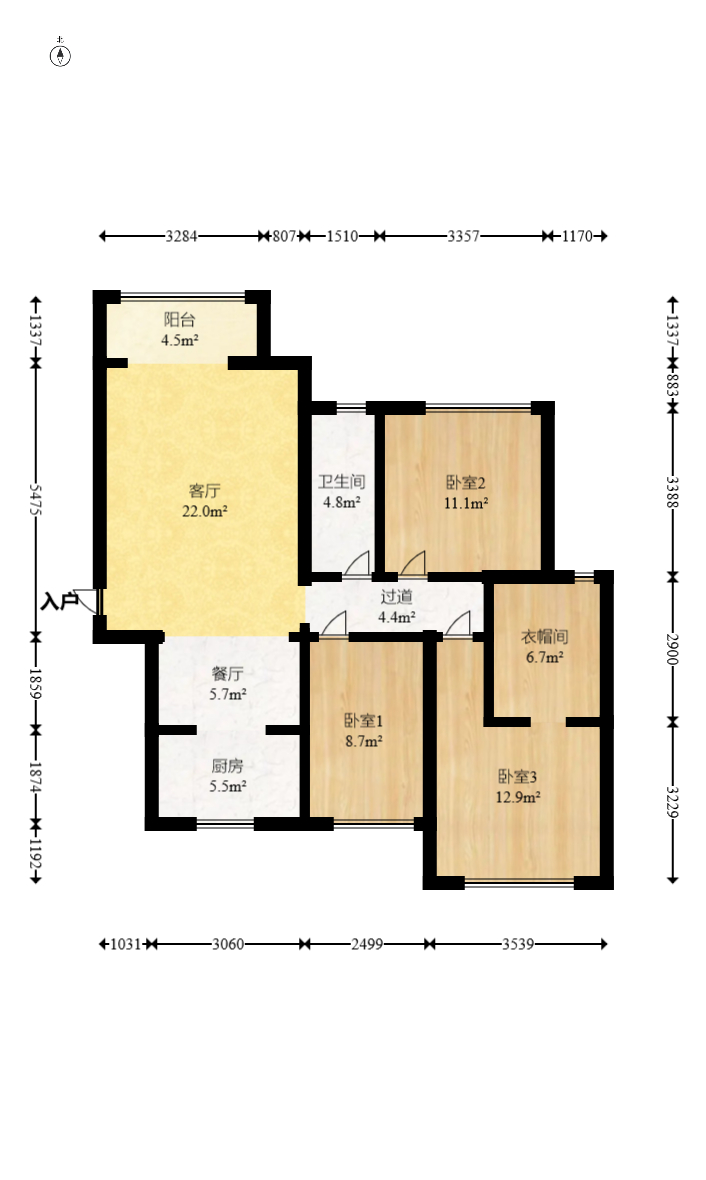 乾源国际  3室2厅2卫   108.00万室内图1