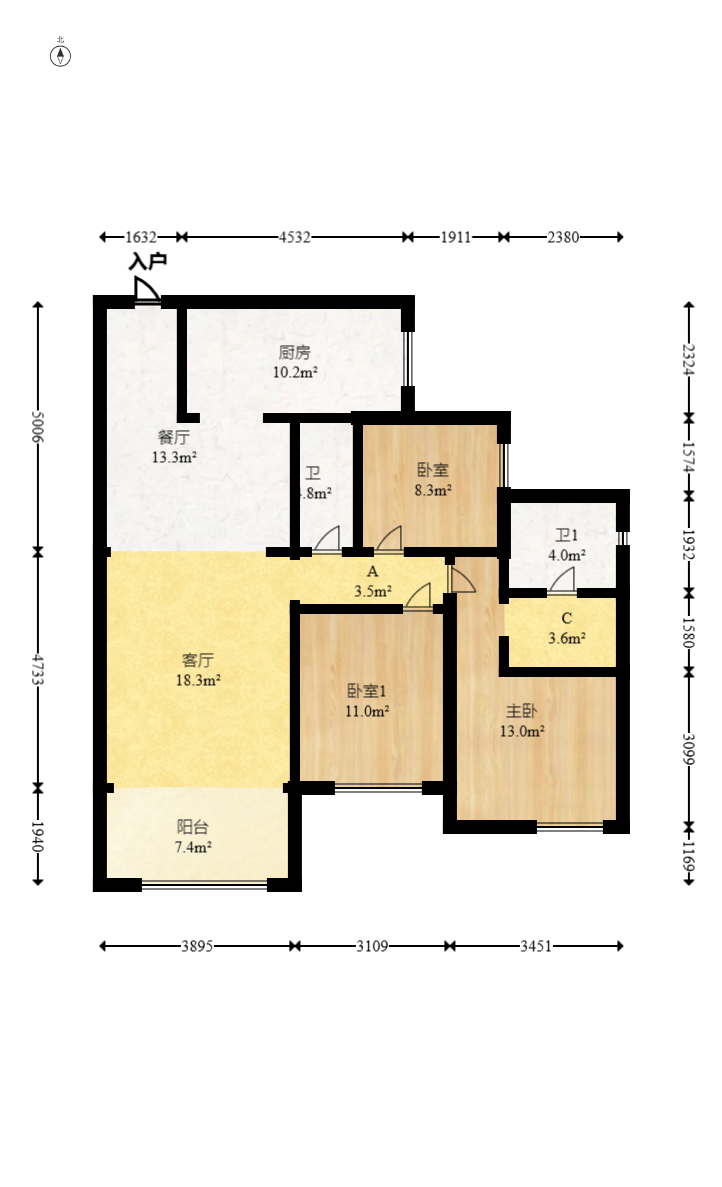 保利香槟国际  3室2厅1卫   100.00万室内图1