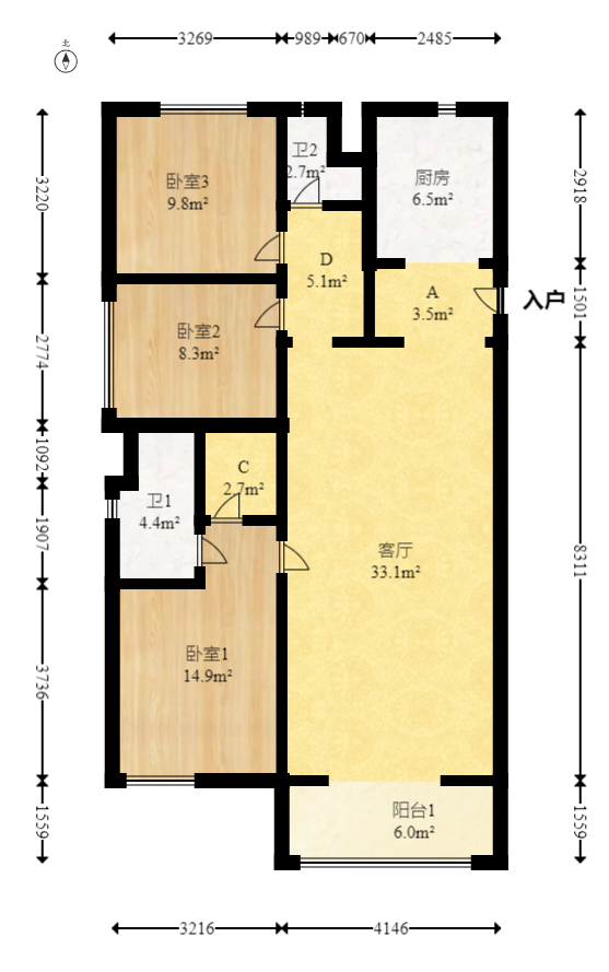 万科魅力之城观澜里  3室2厅2卫   135.00万室内图1