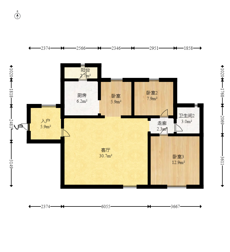 中国铁建国际城一期  2室2厅1卫    56.0万室内图1