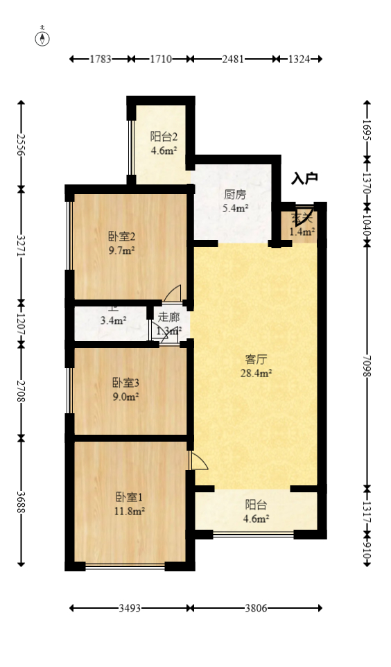 园康星都荟  3室2厅1卫   85.00万室内图1
