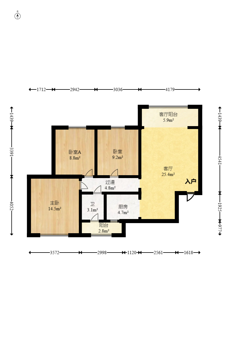 楚天世纪城东苑 3室2厅1卫 46.5万 楚天世纪城东苑 3室2厅1卫 46.5万户型图