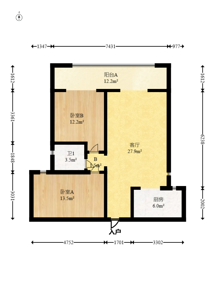 五江天街北区  2室2厅1卫   76.80万室内图1