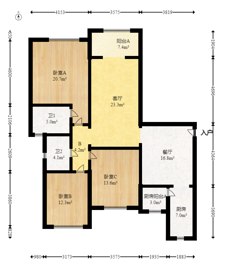 恒大绿洲 3室2厅2卫 185.00万 恒大绿洲 3室2厅2卫 185.00万户型图