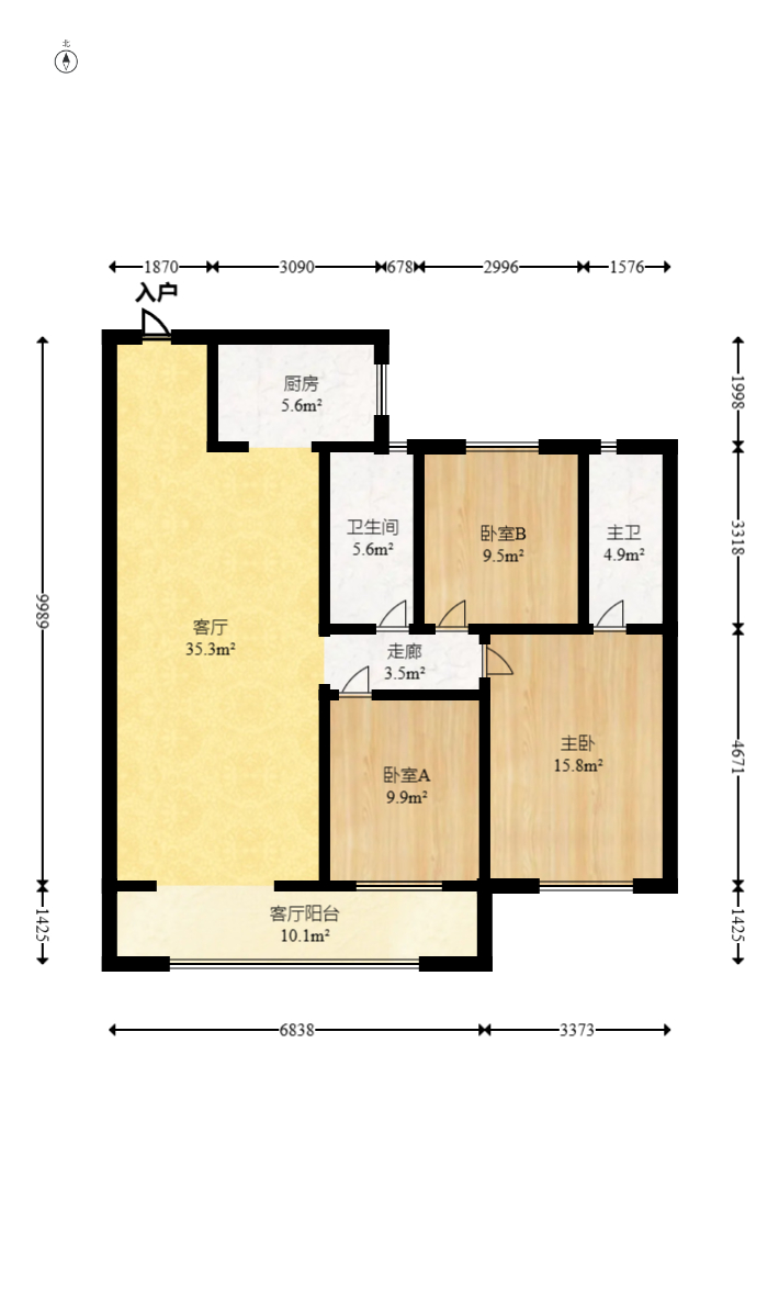 北辰中央公园DF区  3室2厅1卫   98.00万室内图1