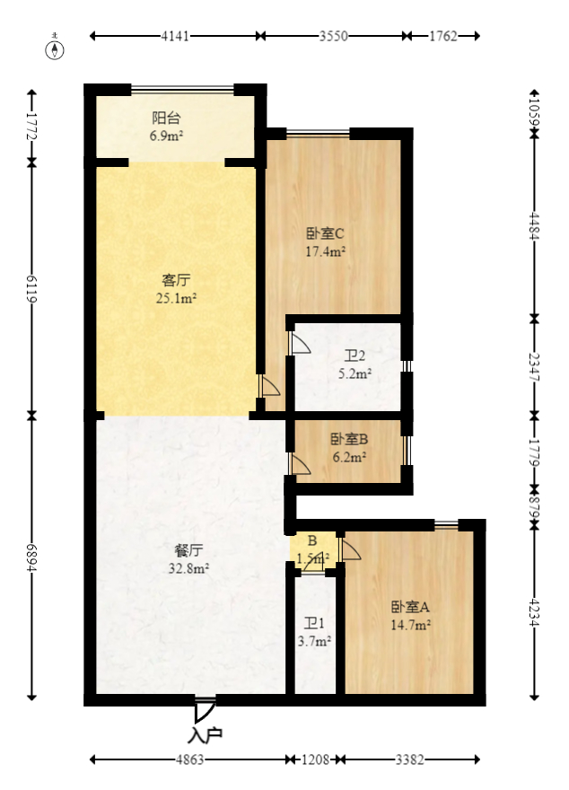 半山壹号  3室2厅1卫   153.00万室内图1