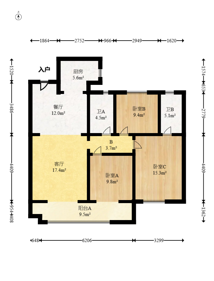 远洋红星天铂一期 3室2厅2卫 87.0万 远洋红星天铂一期 3室2厅2卫 87.0万户型图