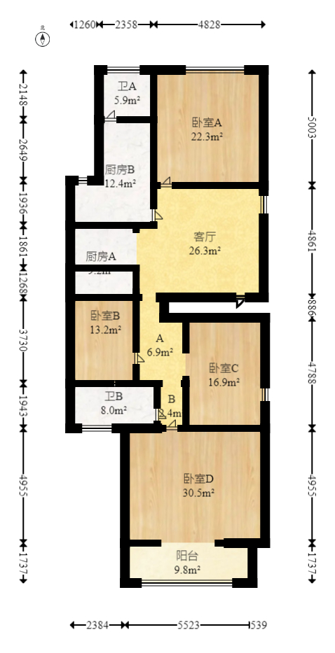 兴汉大厦蝶扇楼  3室2厅2卫   123.80万室内图1