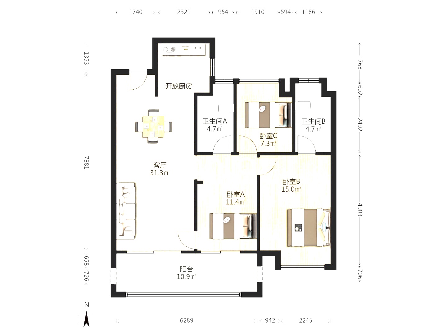 建发央著  3室2厅2卫   85.00万室内图1