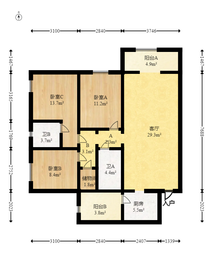 里约荟  3室2厅2卫   100.00万室内图1