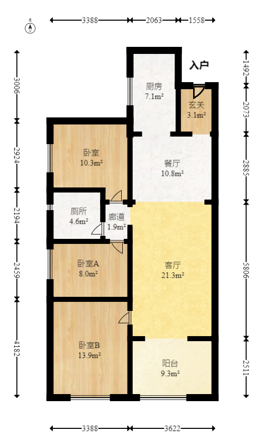 万科金域缇香  3室2厅2卫   125.00万室内图1