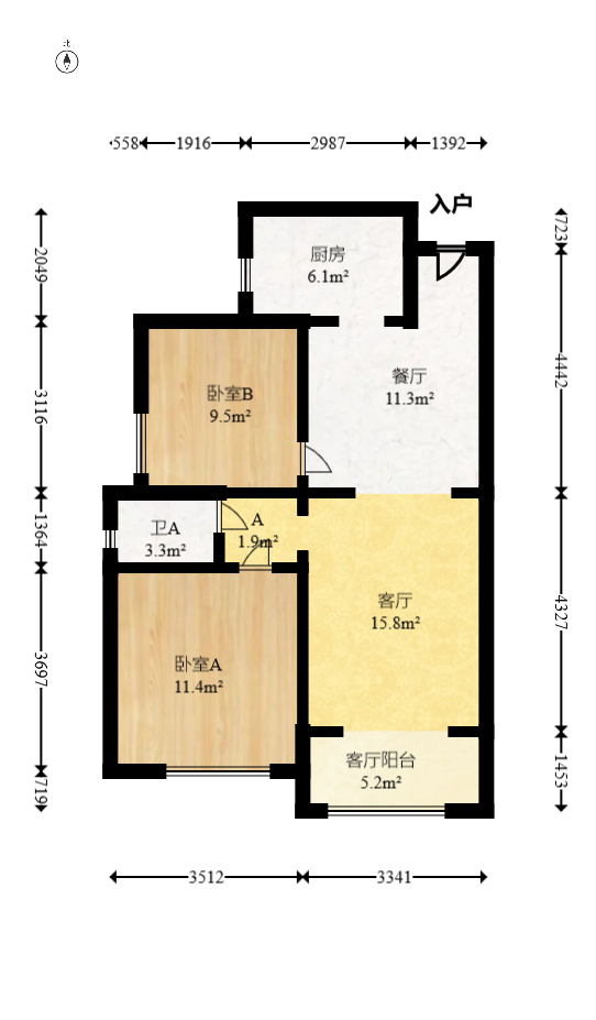 钰龙天下一期  2室2厅1卫   216.80万室内图1