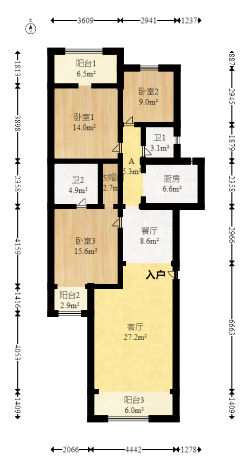 都市春天  1室2厅2卫   98.00万室内图1