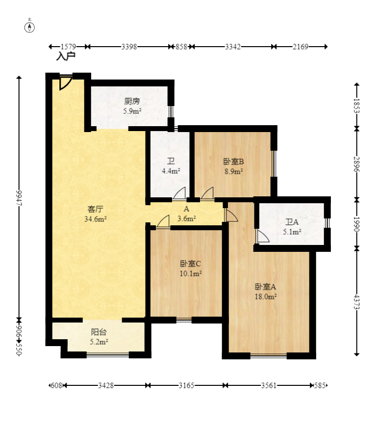 达美D6区  3室2厅2卫   130.00万室内图1