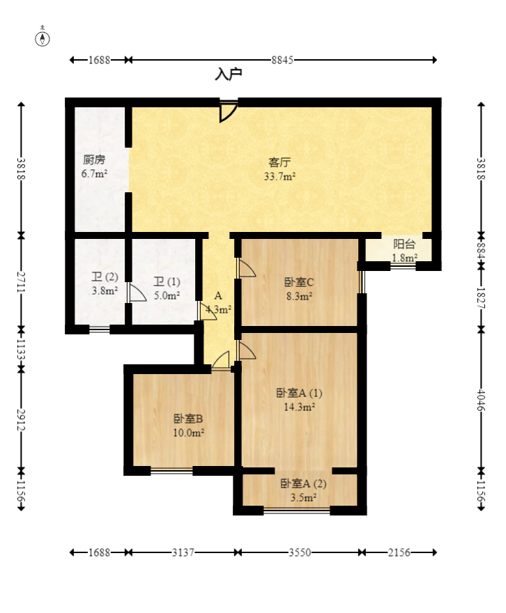 中海梅溪湖壹号  3室2厅1卫   159.00万室内图1