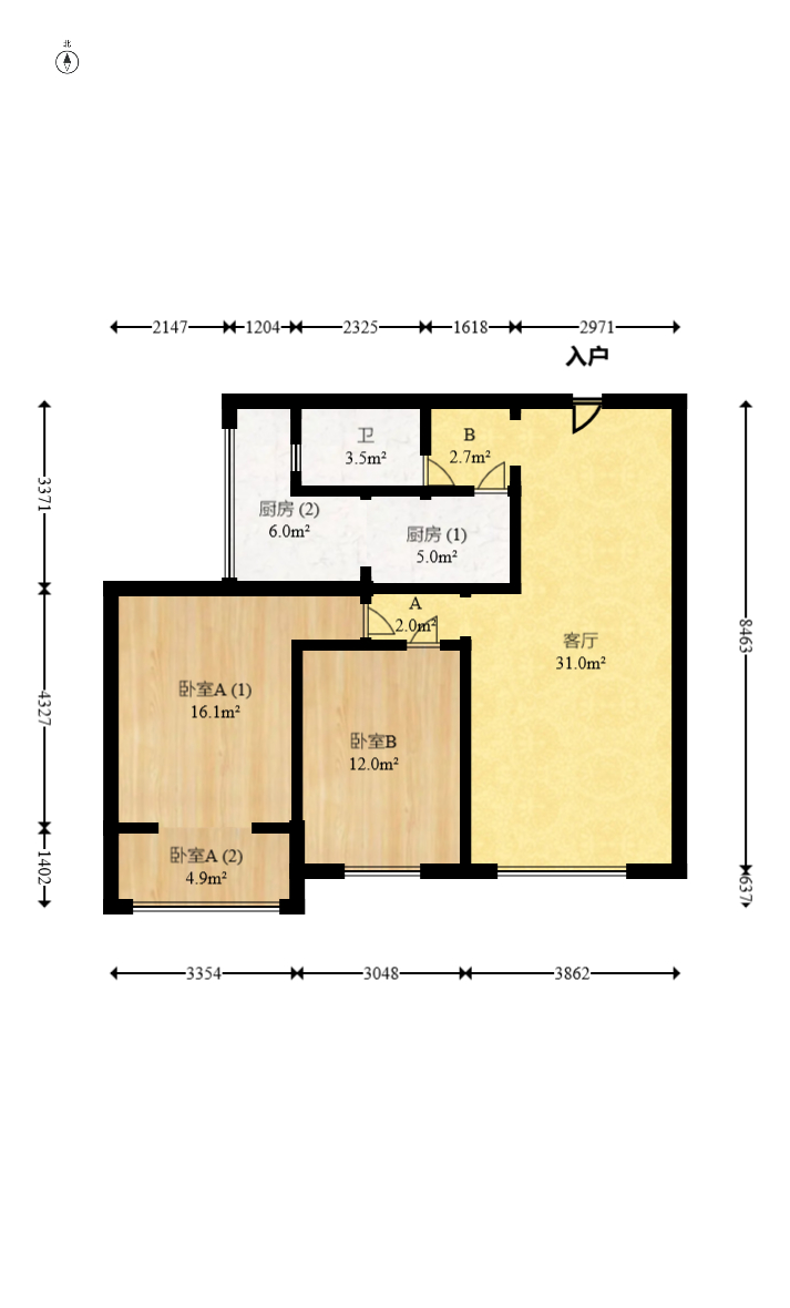 西点公园里  1室2厅1卫   109.80万室内图1