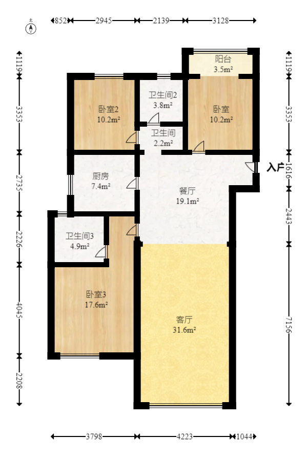 日盛湖湘花苑 3室2厅2卫 88.0万 日盛湖湘花苑 3室2厅2卫 88.0万户型图