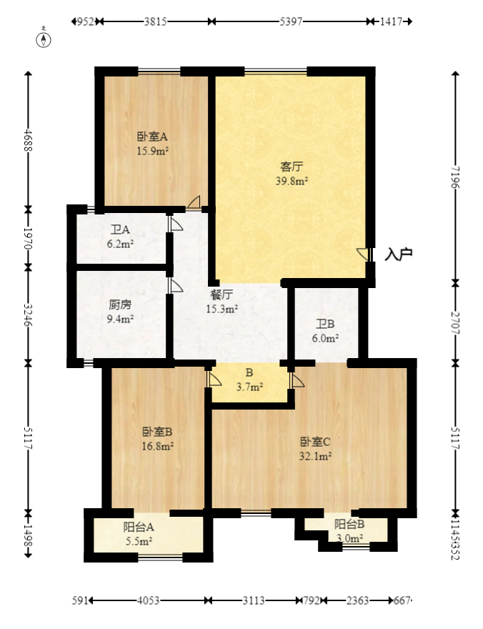 四季阳光花城  3室2厅2卫   190.00万室内图1