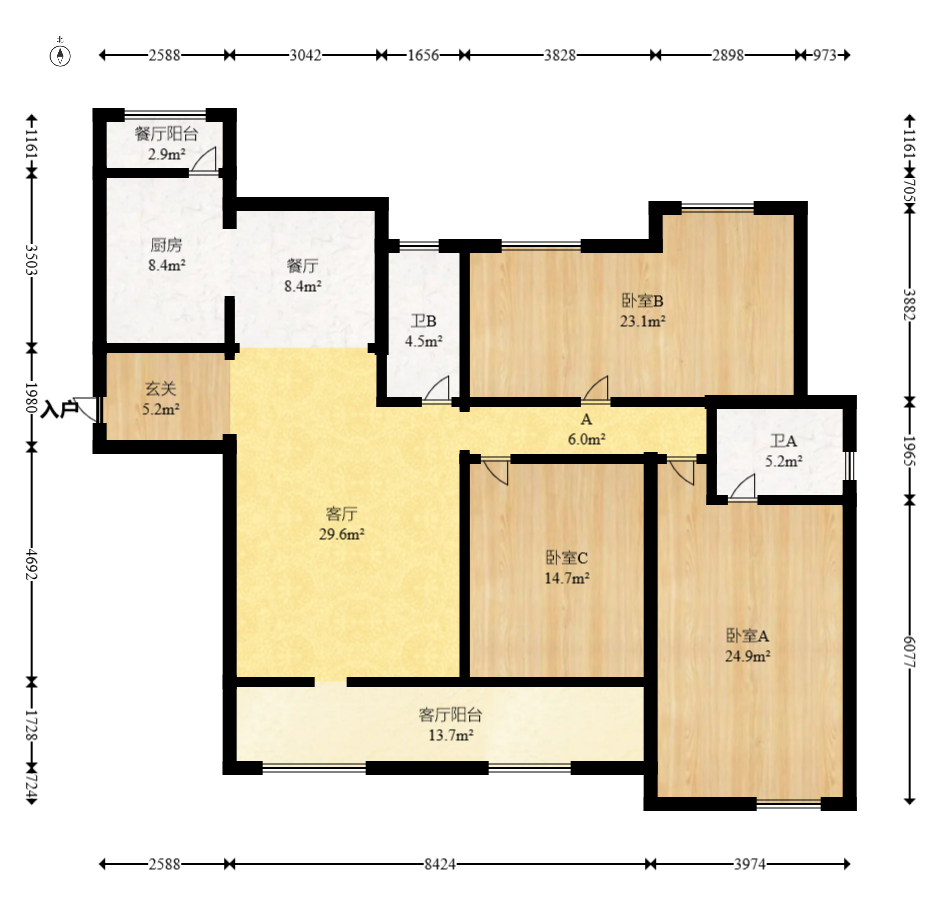 八方小区C区  4室2厅2卫   519.00万室内图1