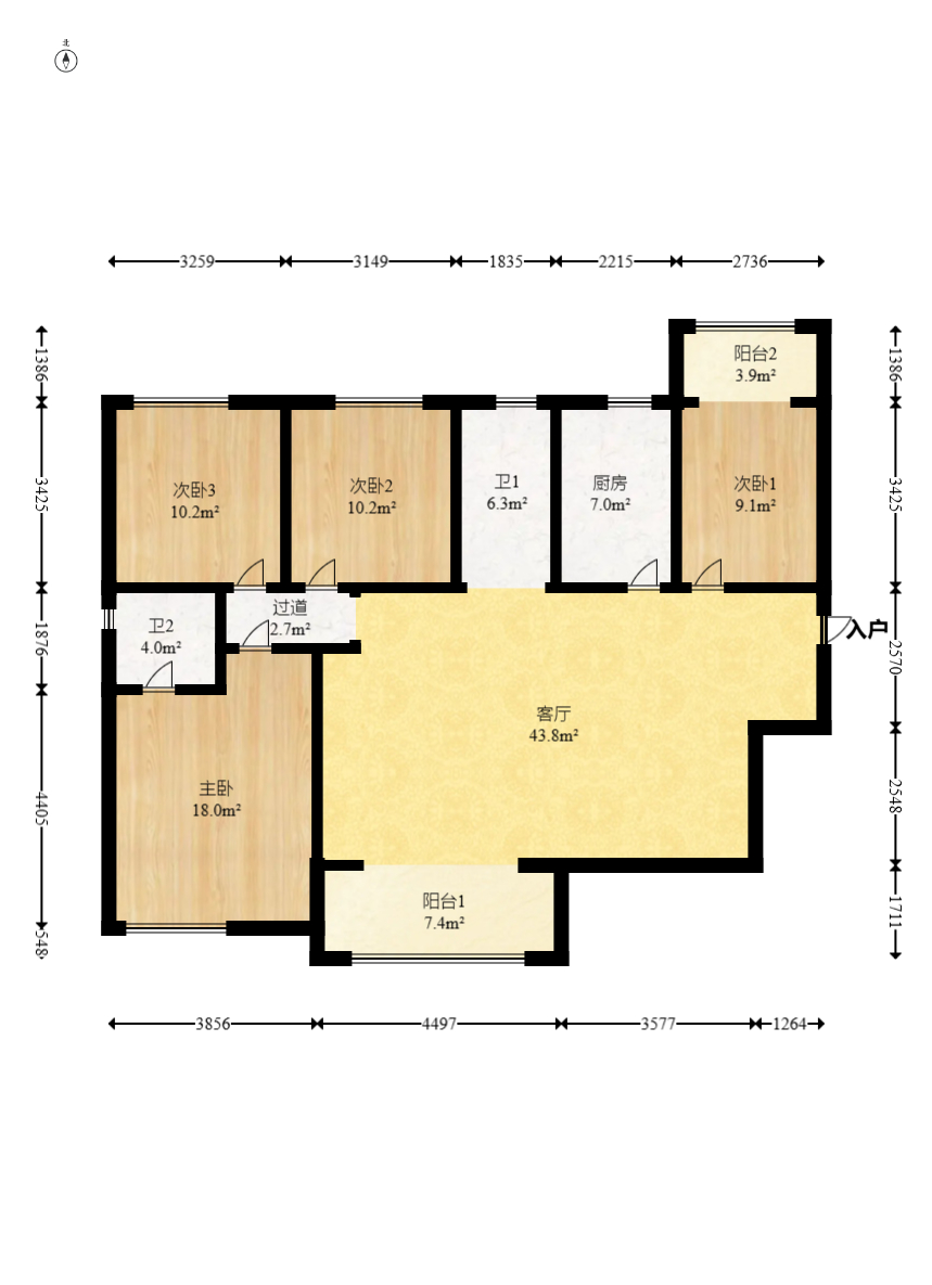 北辰三角洲E7区  4室2厅1卫   280.00万室内图1