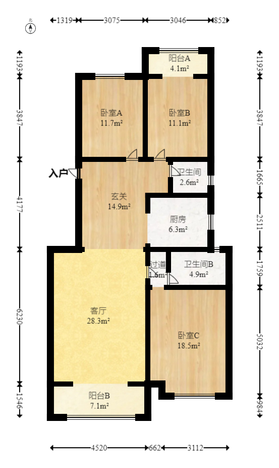 永宏佳园  3室2厅2卫   108.00万室内图1