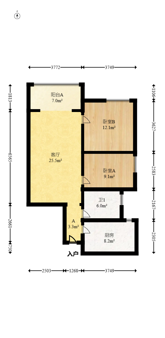 金轮星光名座  2室1厅1卫   75.00万室内图1