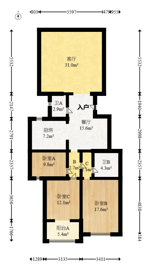 朝阳欣园  3室2厅2卫   129.00万室内图1
