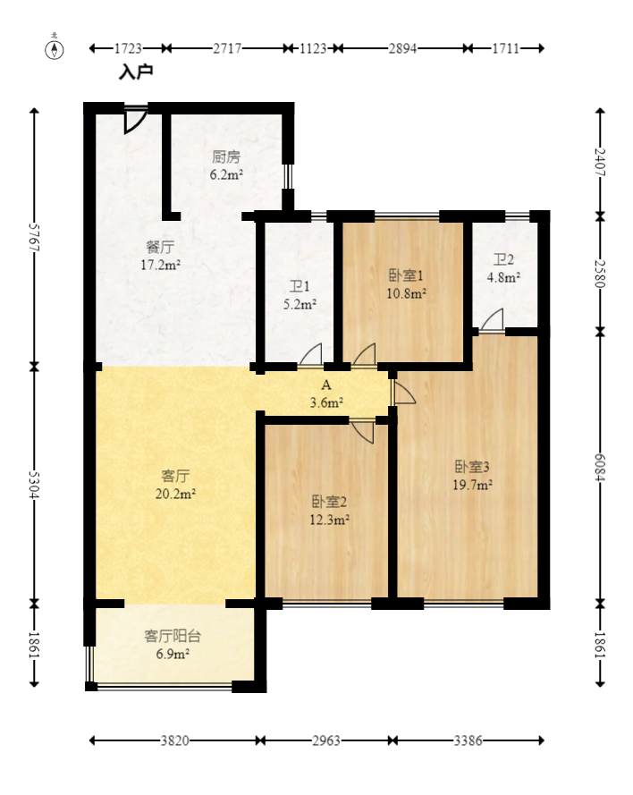 中海珑悦府  3室2厅1卫   168.00万室内图1